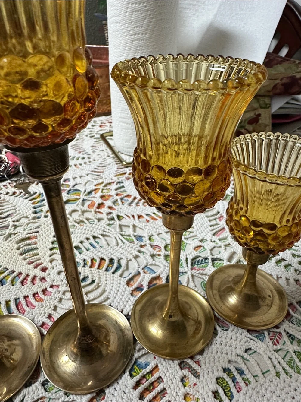 Amber Glass and Brass Candle Holders Set - Elegant Home Accents